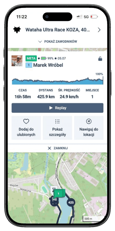 Poltrax mobile app showing participant location and stats on a phone