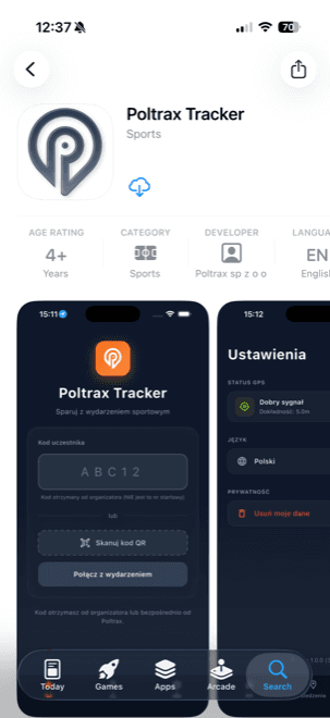 The “Poltrax Tracker” page in the App Store