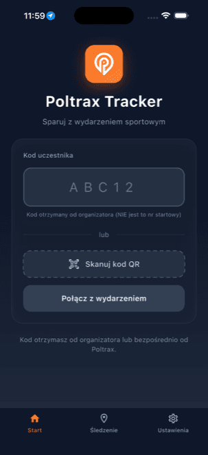The “Start” tab — “Participant code” field and “Scan QR code”