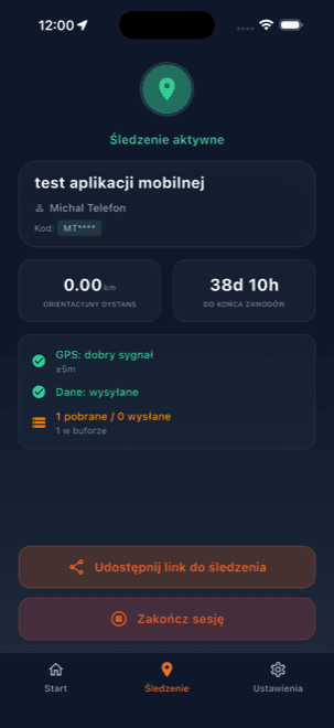The “Tracking” tab — active state